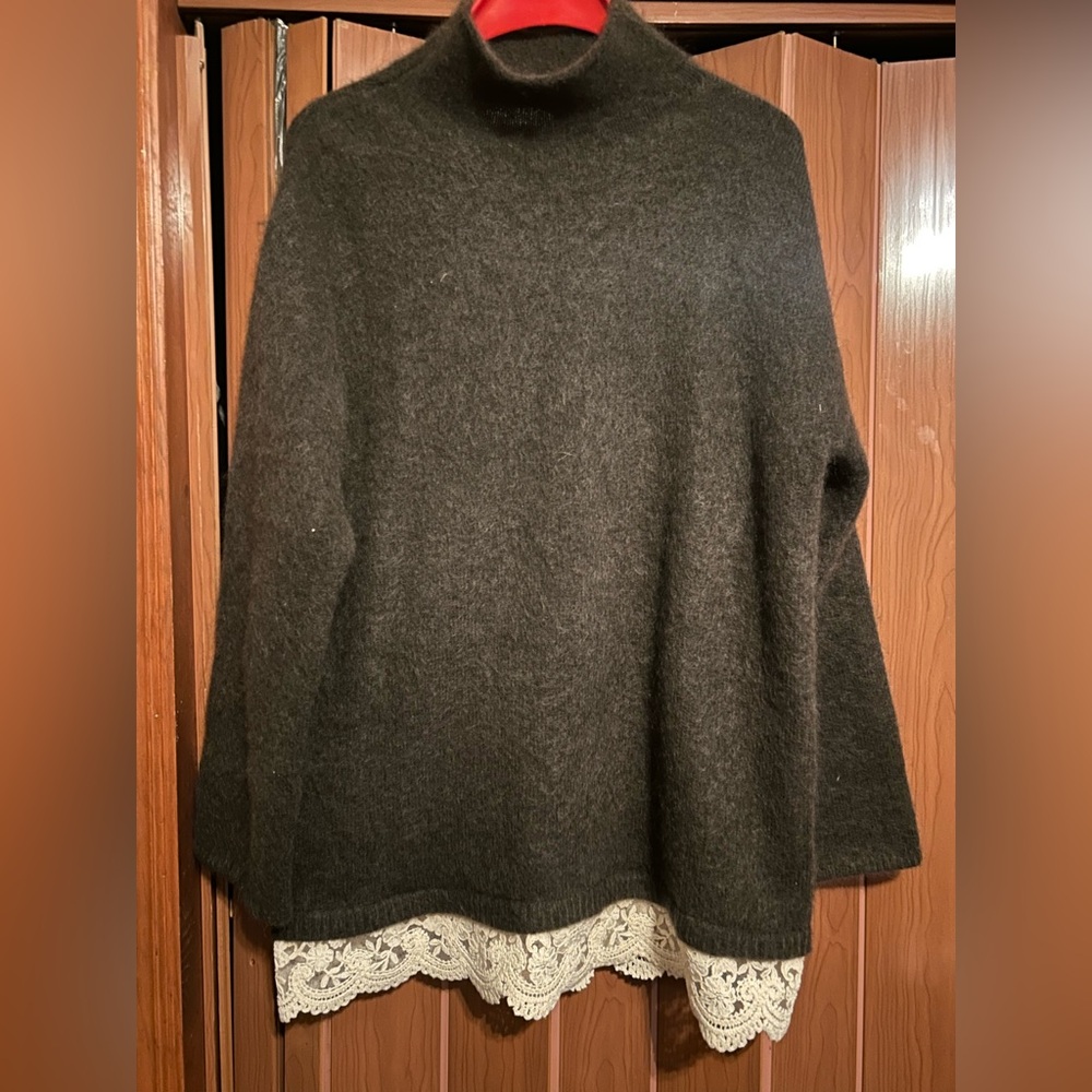 H&M Premium Selection Lace Trimmed Mohair Blend Sweater (Dark Brown & Cream) S - Picture 5 of 8